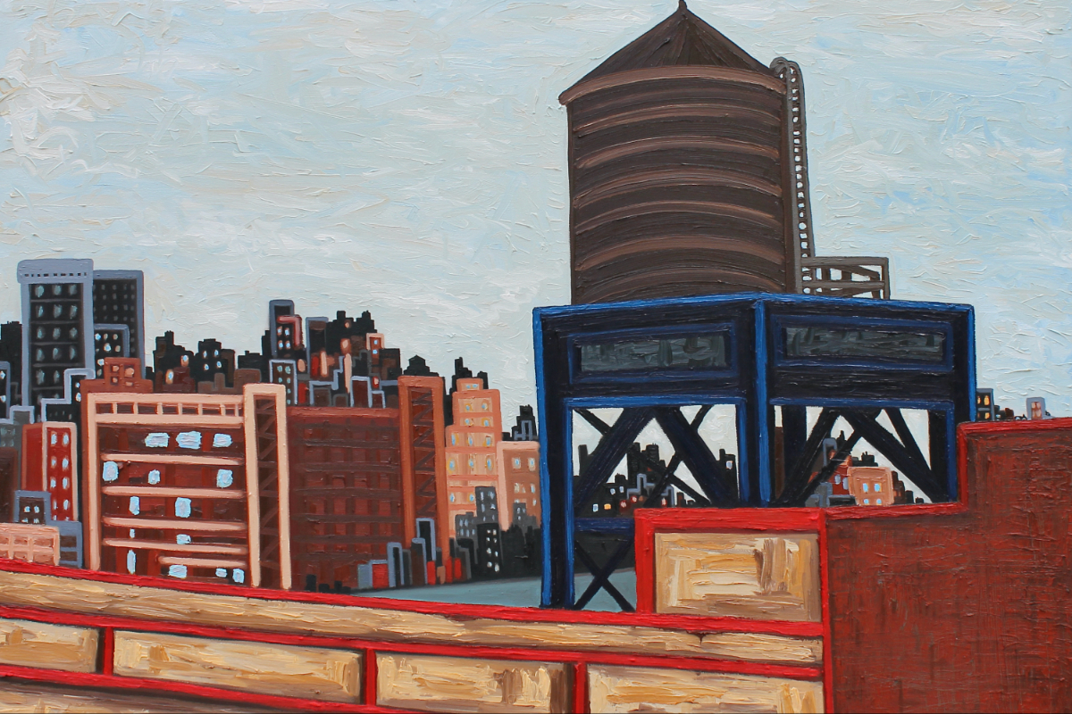 A painting of a watertower