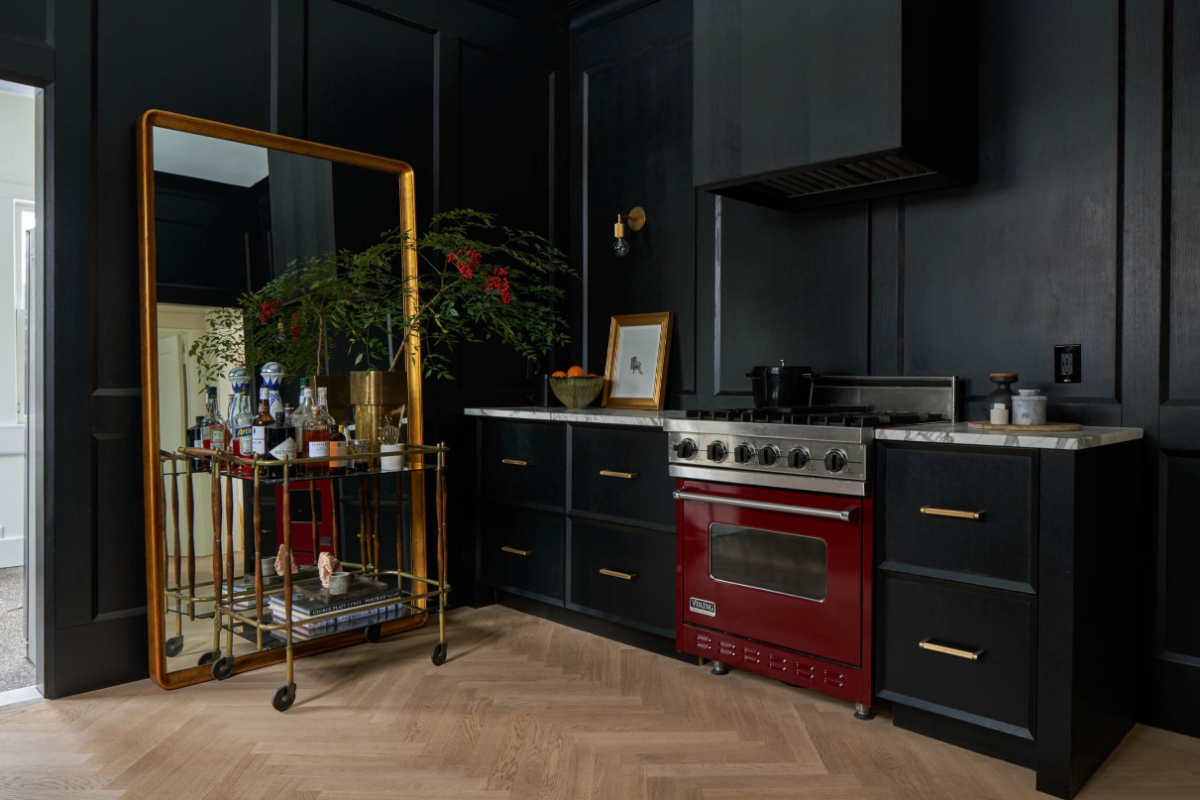 A dark, modern kitchen