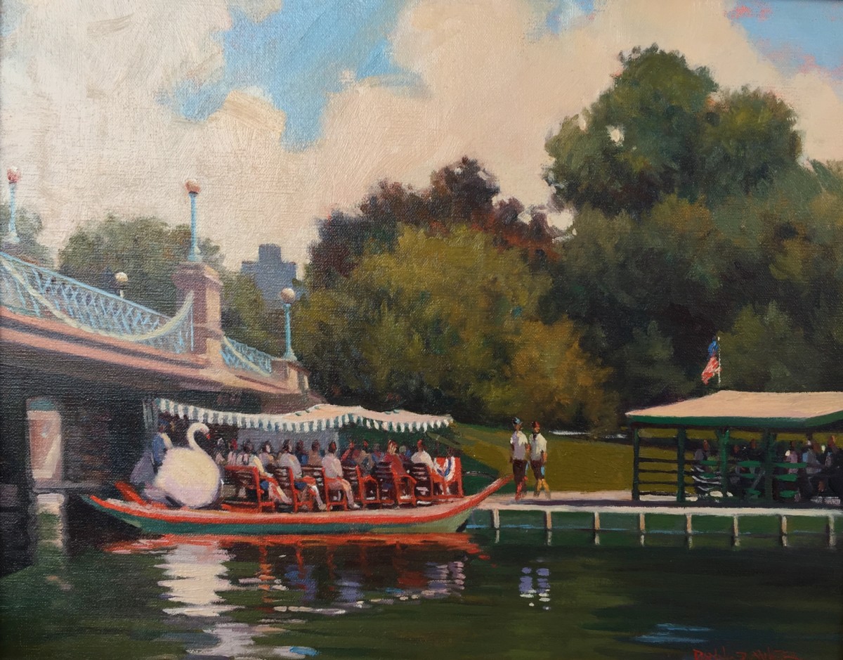 Painting of a boat with a swan