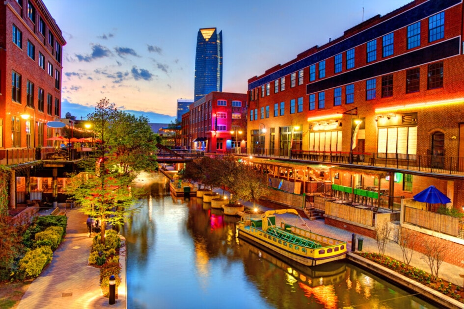 Evening view of the  Bricktown Canal in Oklahoma City. Bricktown is an entertainment district just east of downtown Oklahoma City, Oklahoma