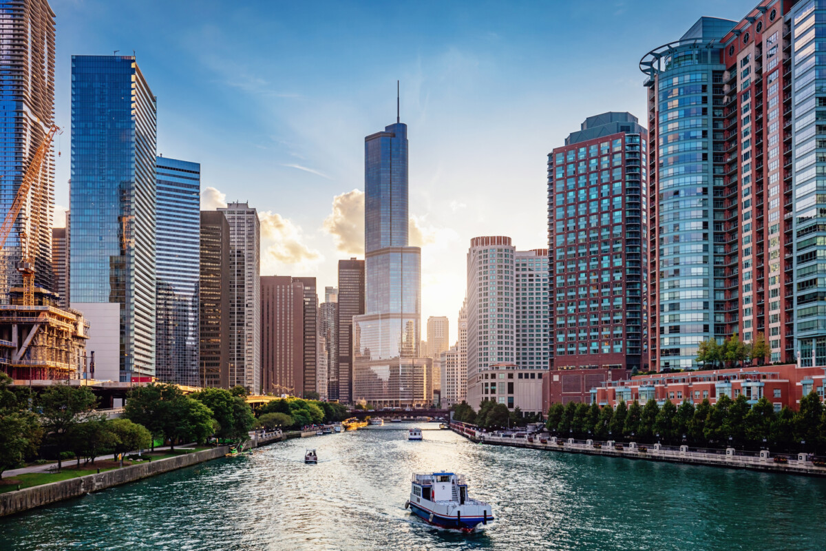 Chicago skyline with the river in the front