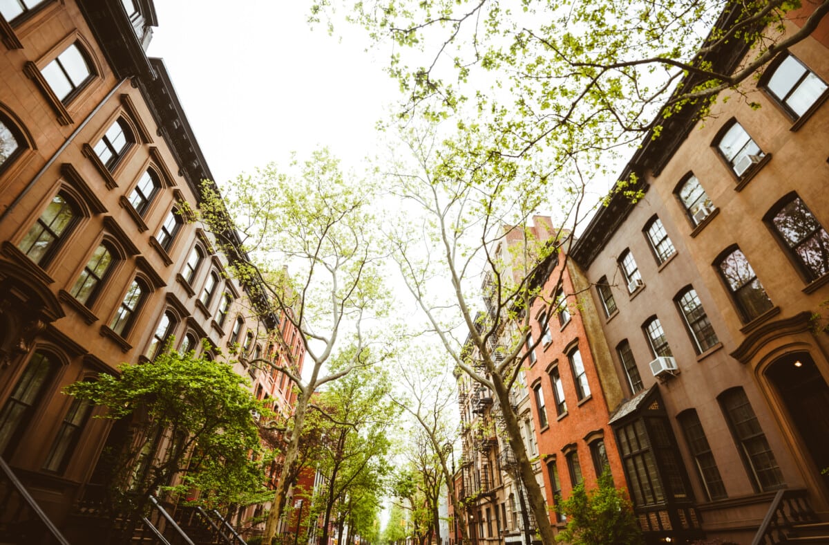 Street lined with trees and condos