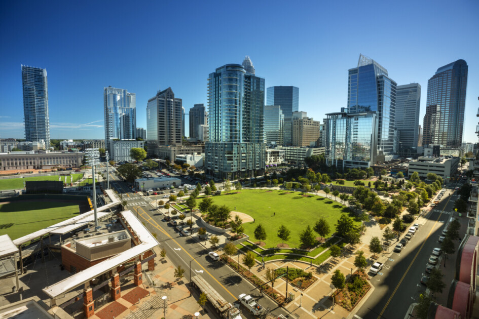 Cityscape view of Charlotte North Carolina and Romare Bearden Park