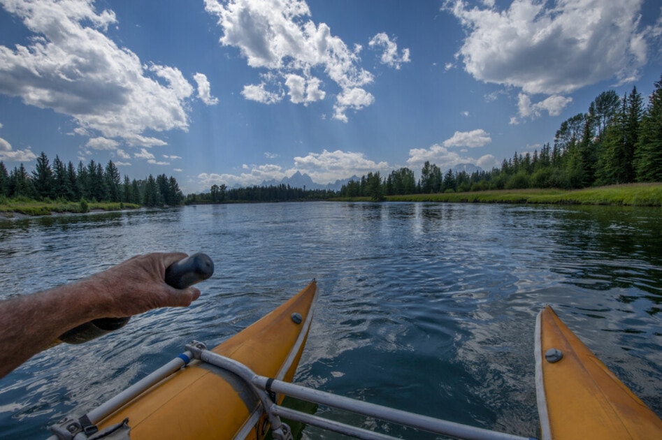 Yellowstone River, Montana, with the Grand Teton Range in the distance.