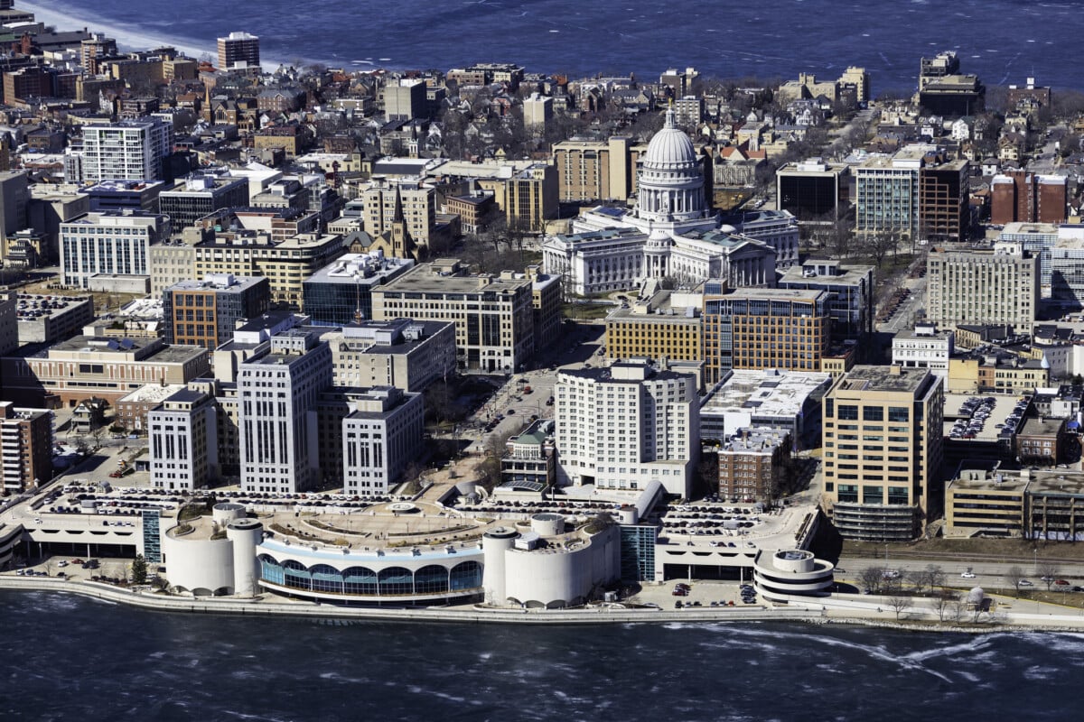 An aerial photo of the downtown Madison taken from an airplane in the winter.