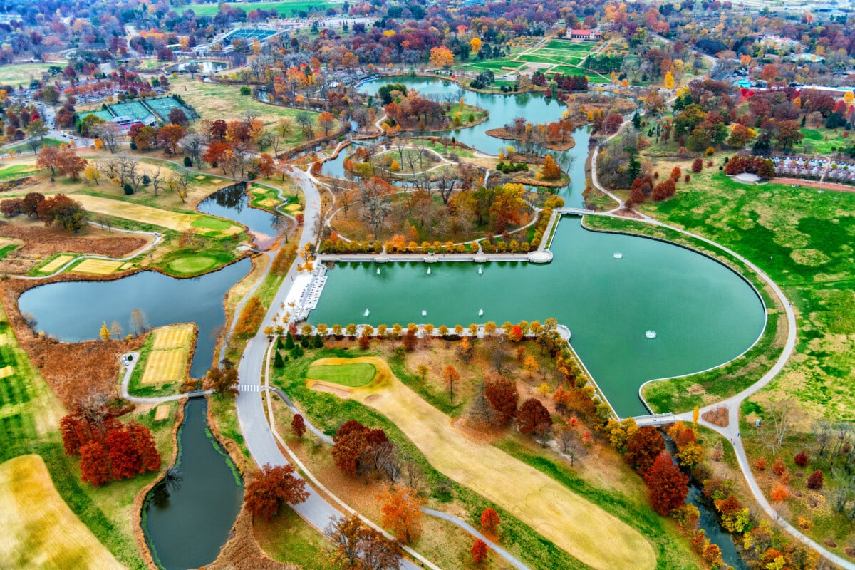 Aerial view of Forest Park, known as the "Heart of St. Louis"; originally opened in the late 1800's, Forest Park is approximately 1300 acres of public parkland just west of downtown featuring numerous museums, a planetarium (shown in this image), the St. Louis Zoo, and a large outdoor amphitheater.