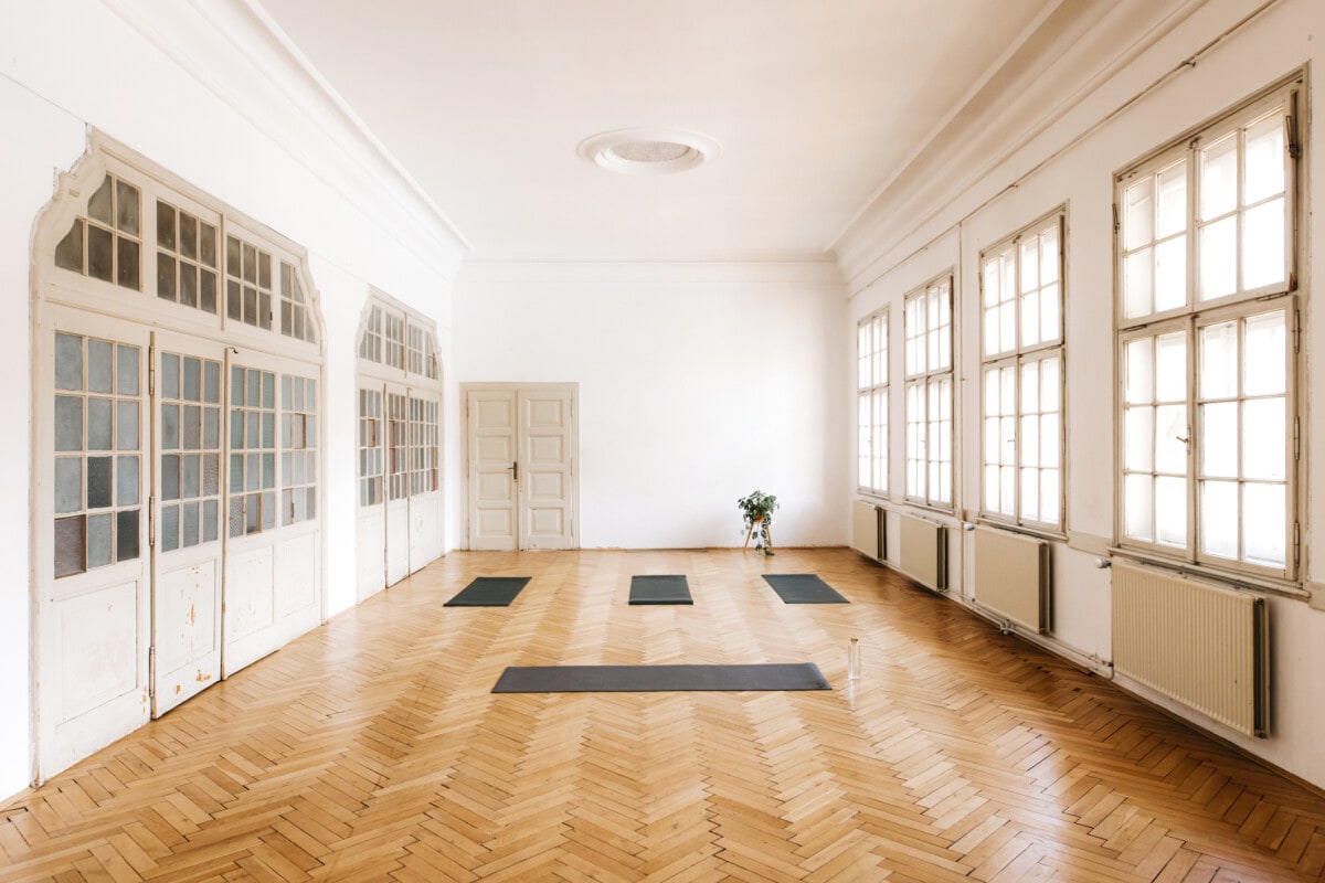 High angle shot of a bright yoga studio