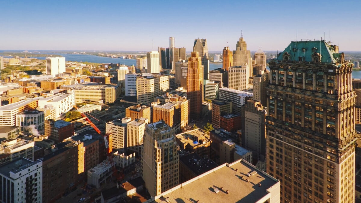 Detroit Michigan Downtown skyline with Book tower building Aerial Sunset