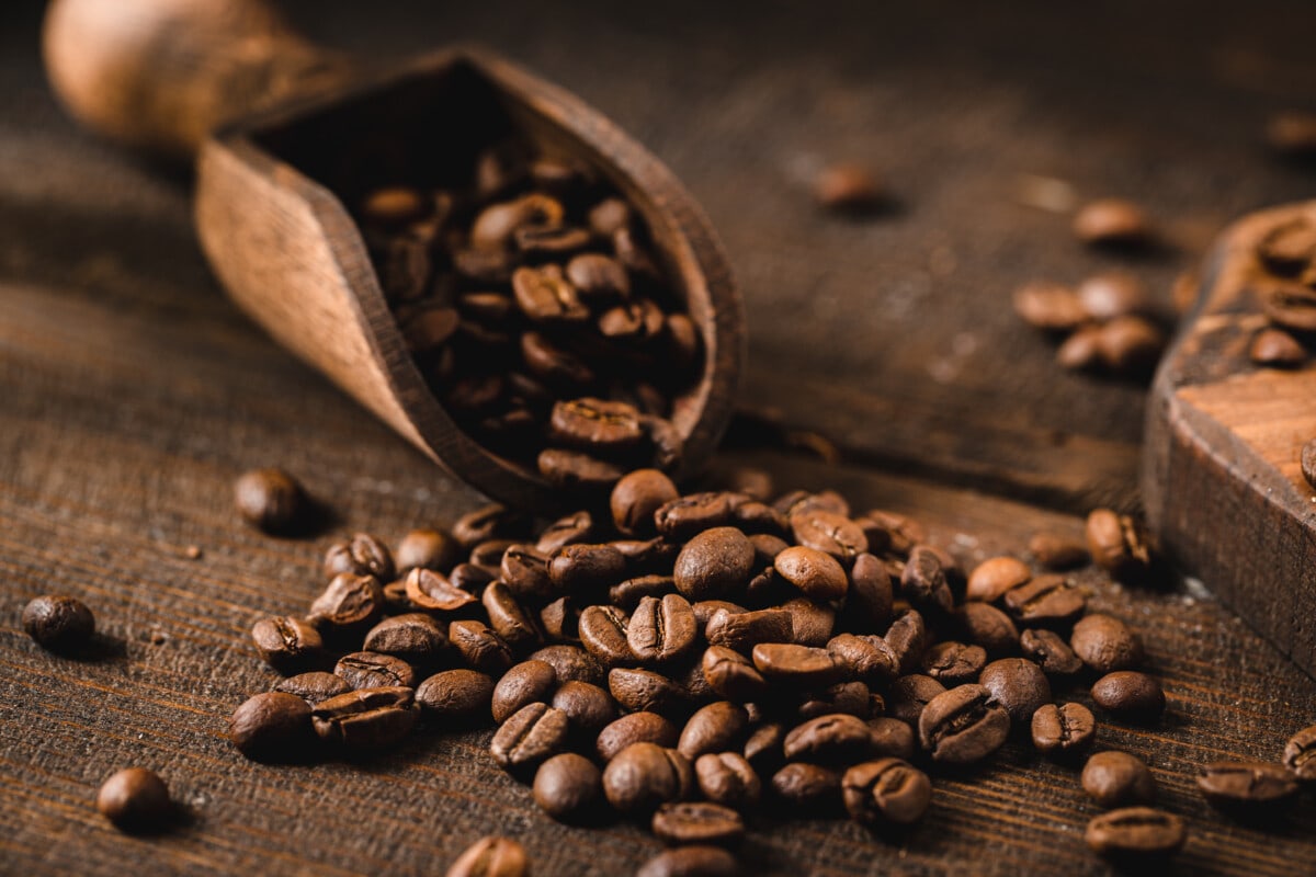 Coffee beans in a wooden serving scoop on wooden table. Wooden scoop full of roasted coffee beans.