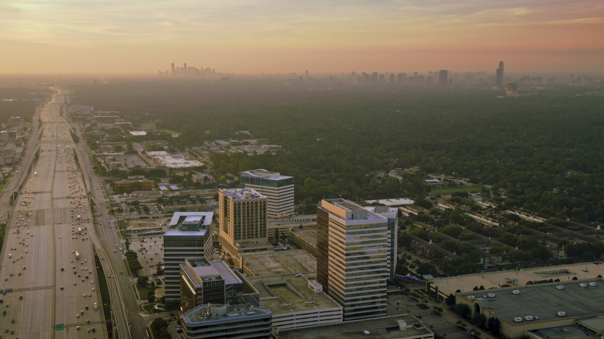 Katy Freeway with Houston Downtown skyscrapers in the background