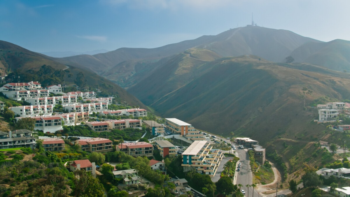 Aerial shot of Ventura, California on a summer morning, with the marine layer sitting over the city.