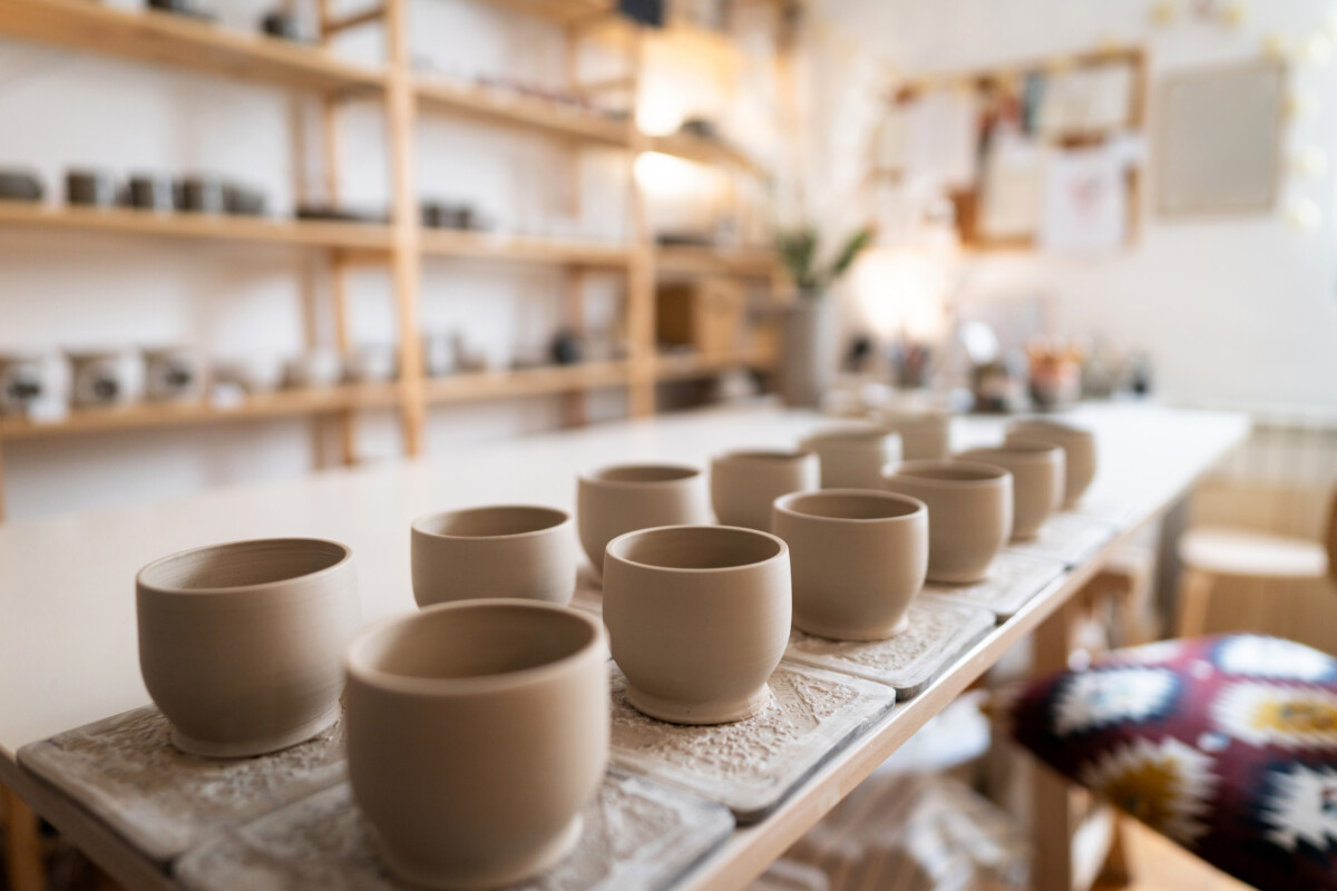 Clay products in pottery studio