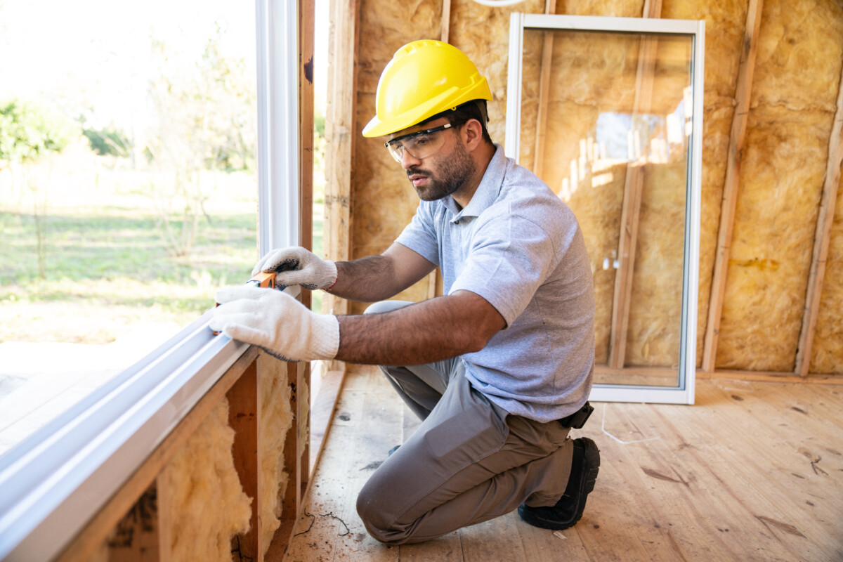 Construction worker installing windows on wooden house