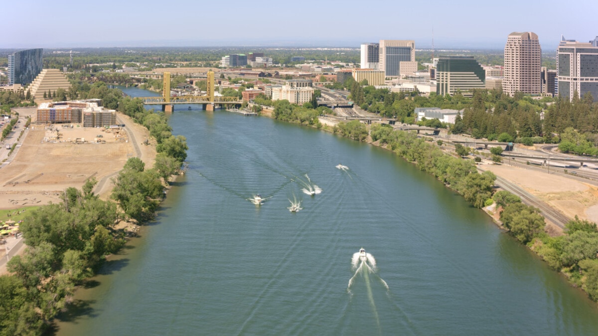 Aerial view of Tower Bridge across Sacramento River, Sacramento, California, USA.