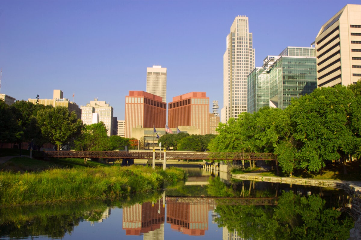 A reflection of Omaha at dawn.