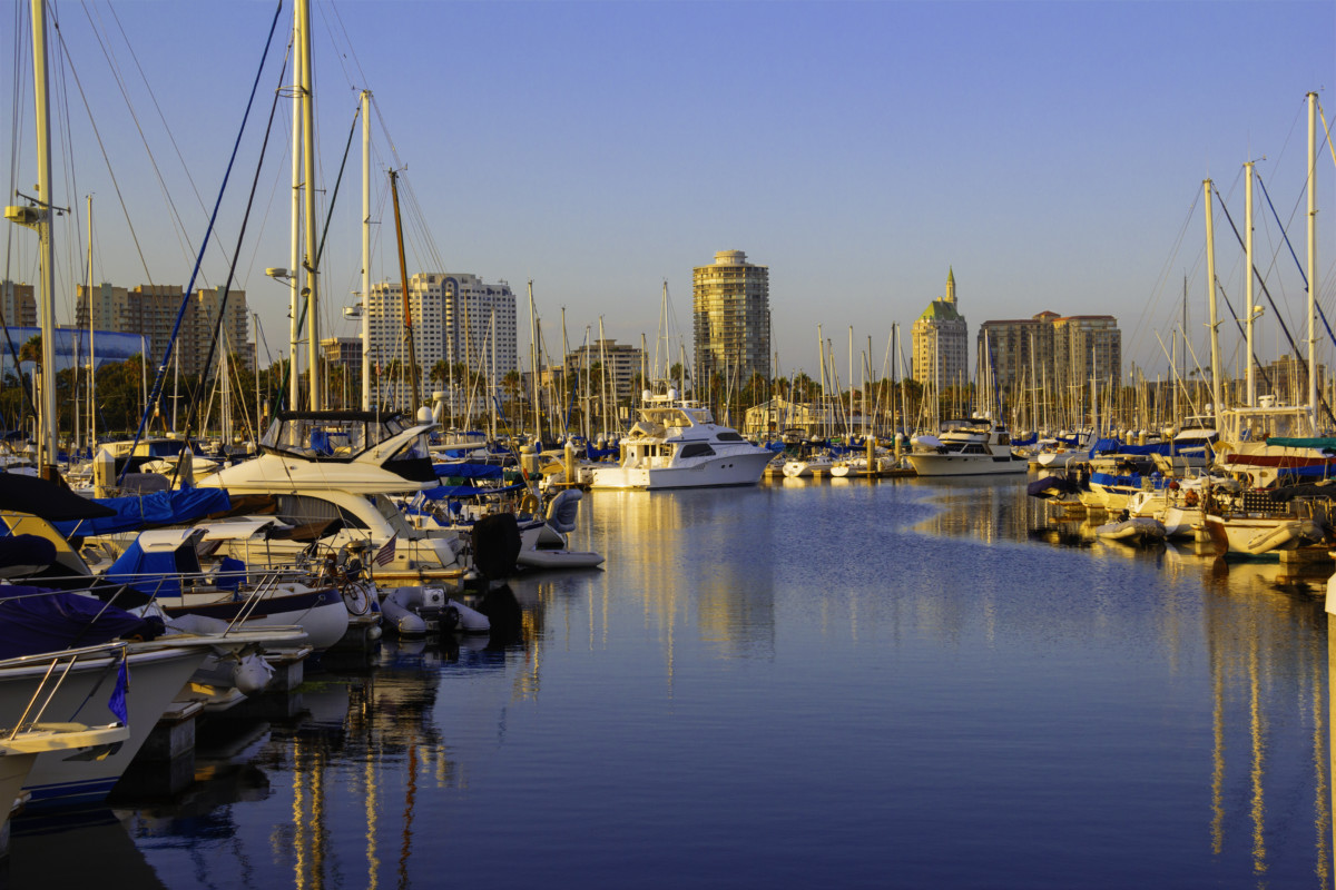 Marina with skyline of Long Beach and featuring the historic Villa Riviera building. California _ getty
