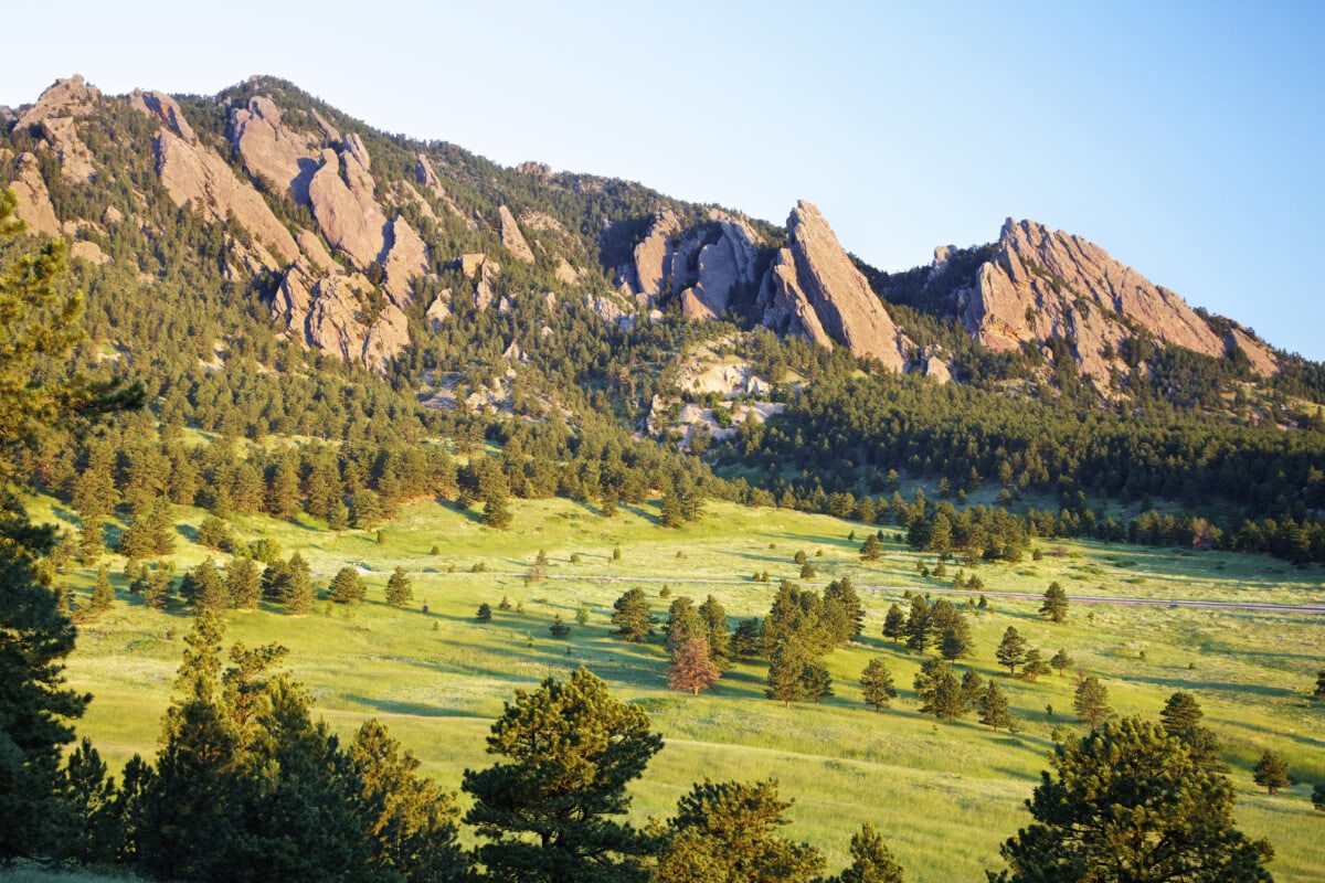 Sunrise over the Flatirons in Boulder Colorado.