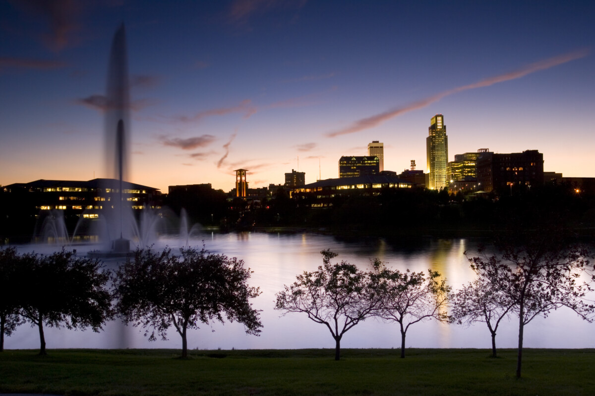 Fountain in a park in downtown Omaha at dusk