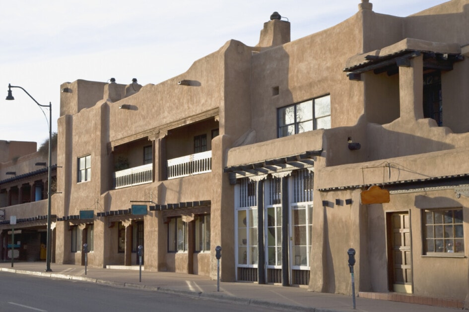 Early morning street scene in Santa Fe, New Mexico.