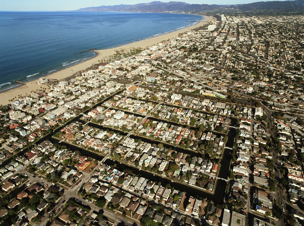 aerial view of venice beach a los angeles neighborhood