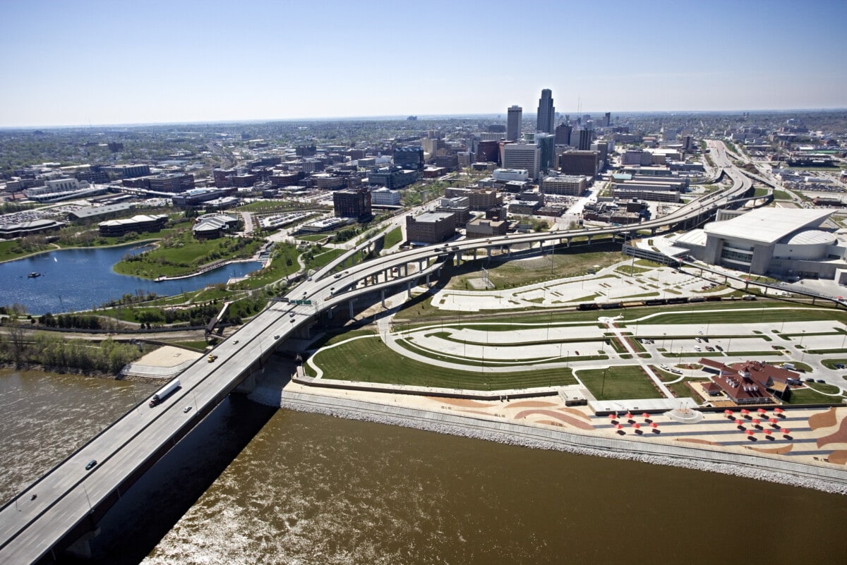 Aerial view of bridge over Missouri River, Omaha, Nebraska