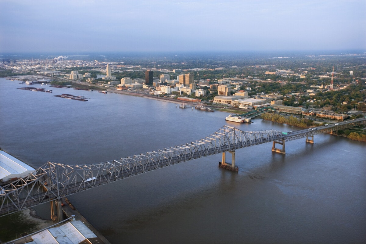 Aerial view of river in Baton Rouge, Louisiana getty