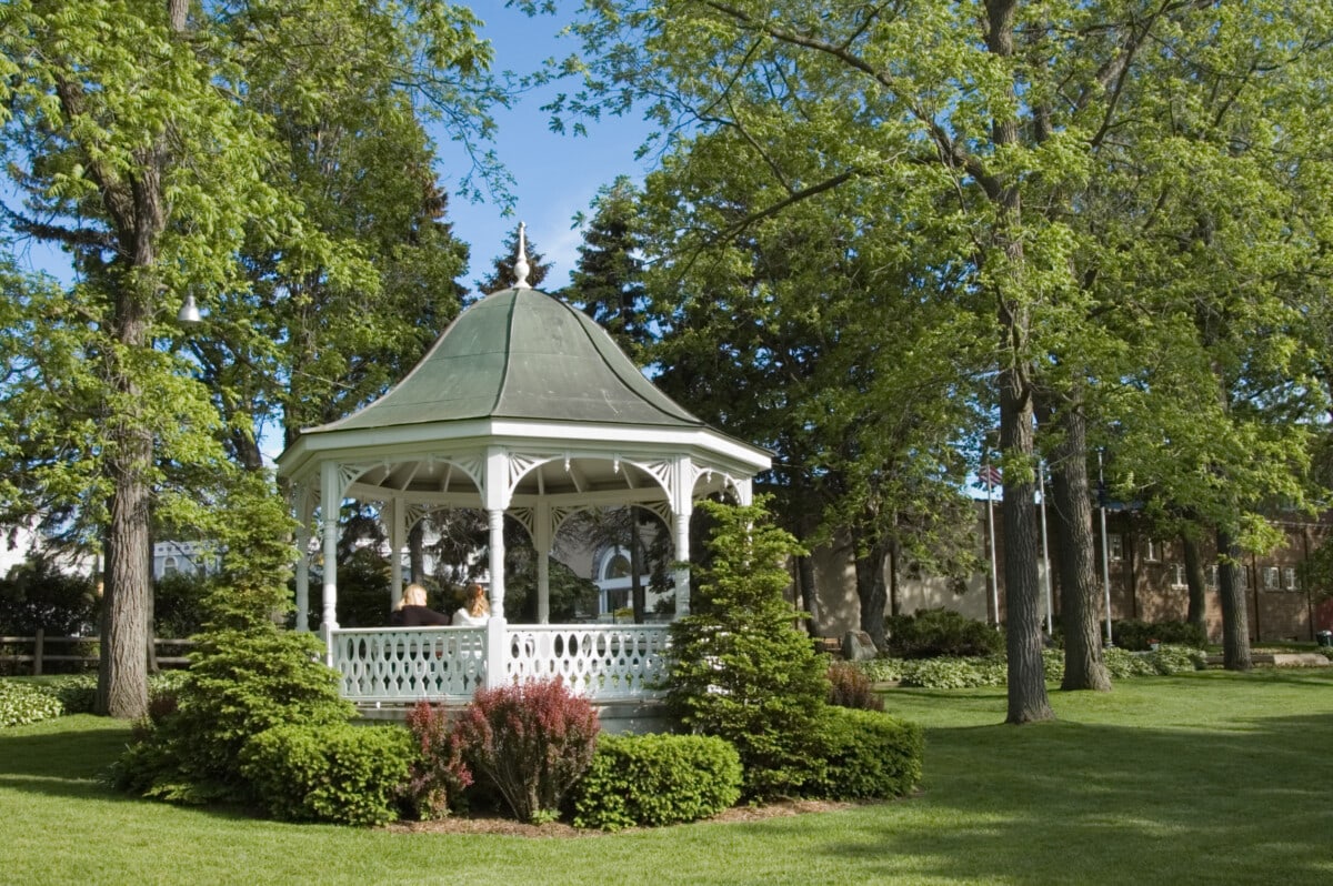 white gazebo in a small town park