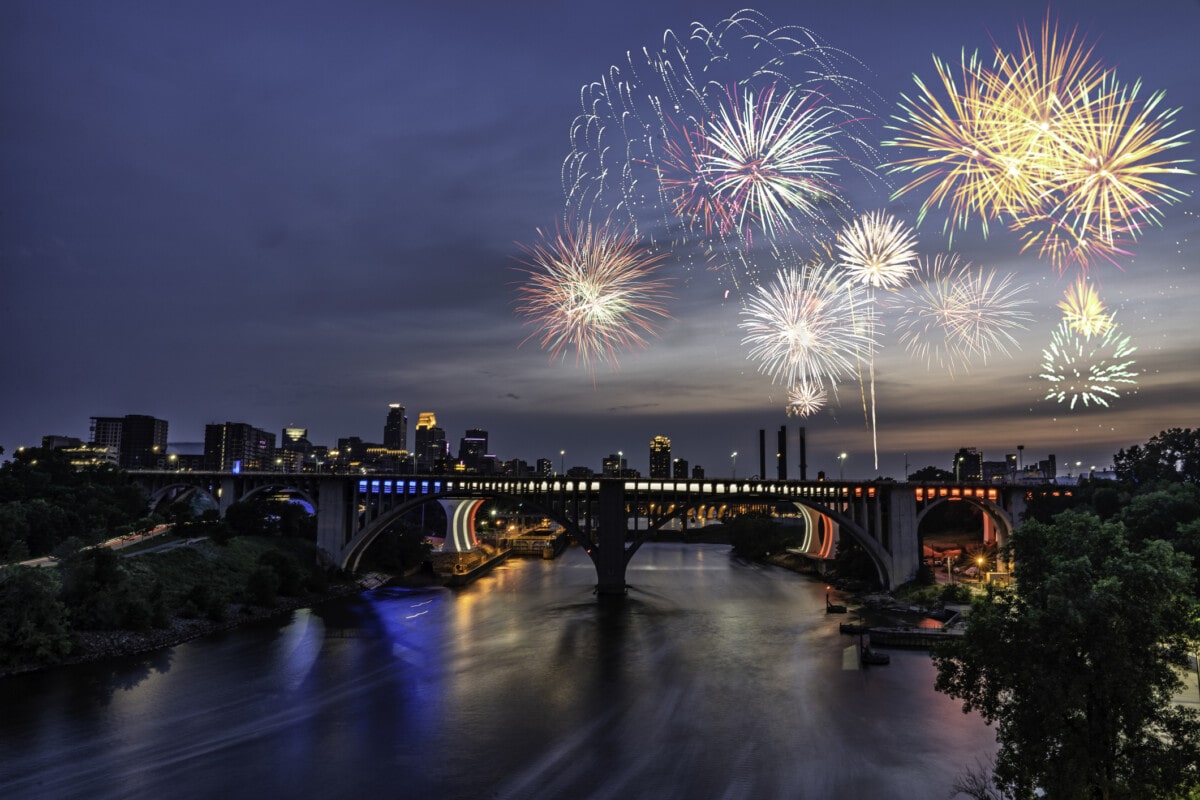 View of downtown Minneapolis and fireworks for the fourth of July