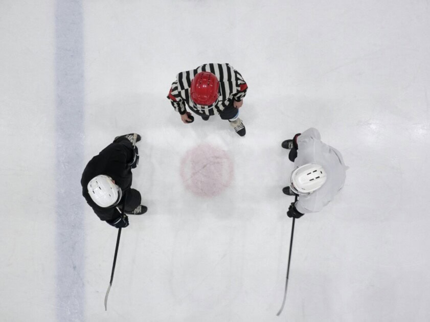 Two hockey players and referee on the ice