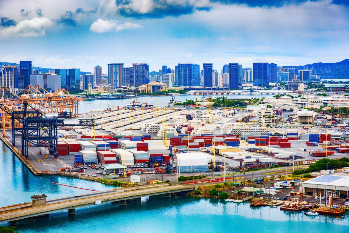 port in honolulu with skyline in background_getty