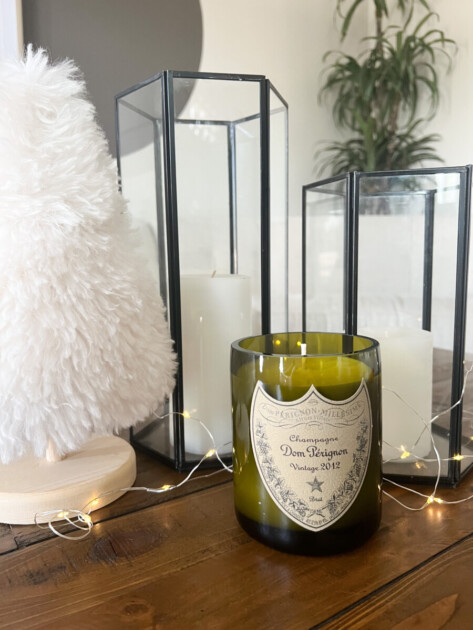 Upcycled champagne bottle into candle