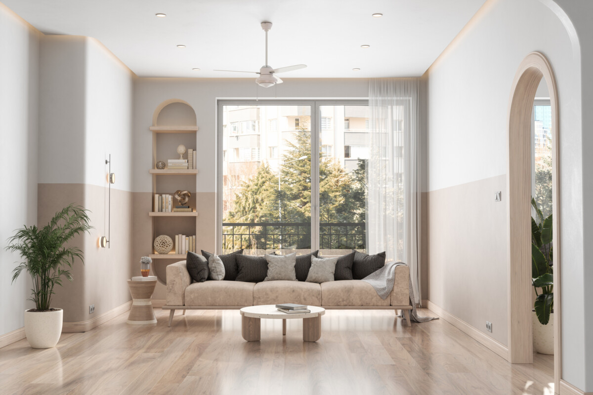 Modern Living Room Interior With Sofa, Coffee Table, Parquet Floor And Garden View From The Window in Jacksonville