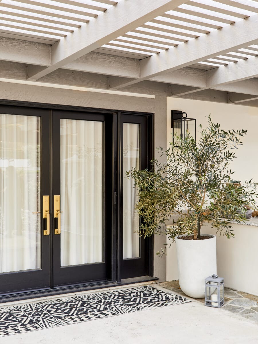 Exterior of a home with black doors and a plant