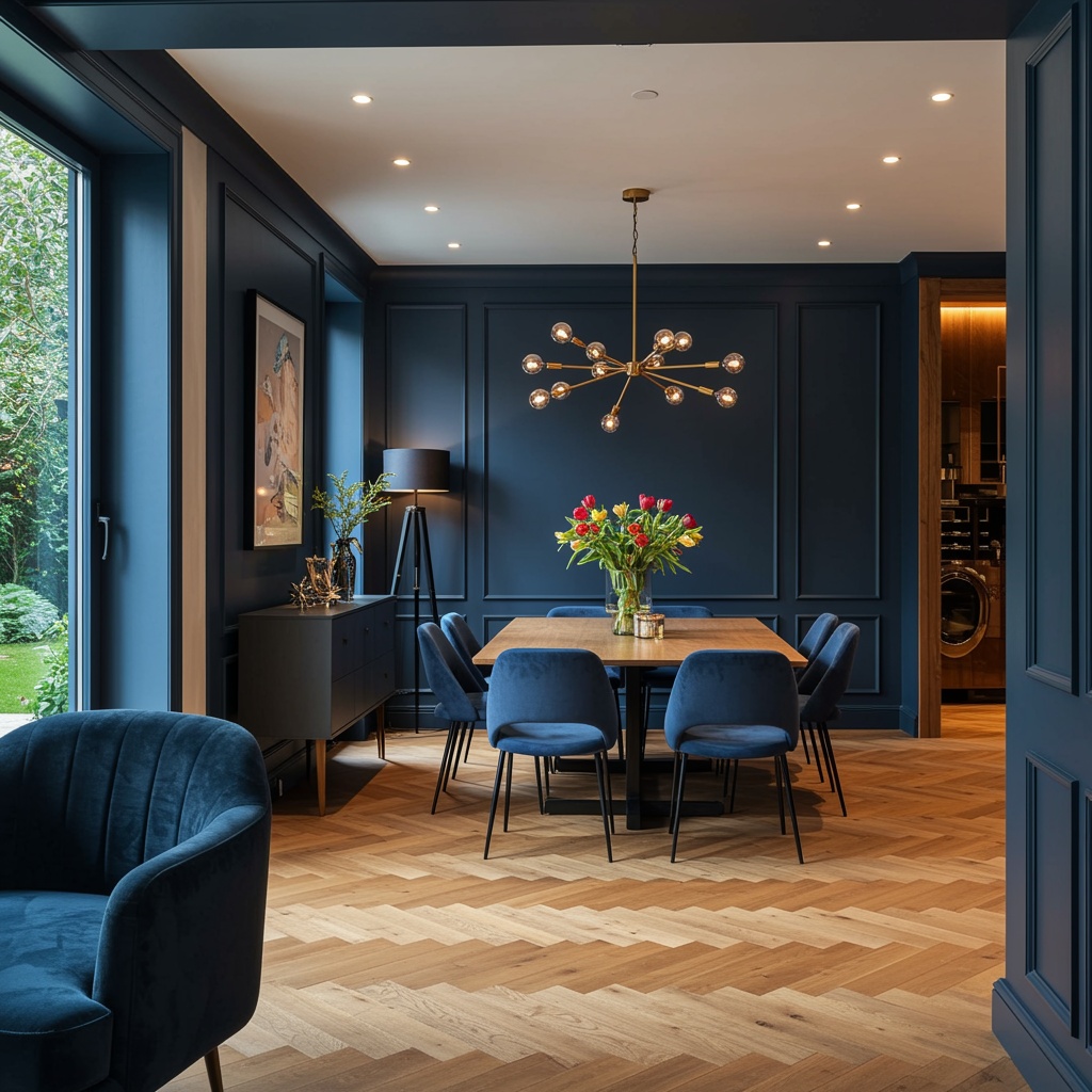 a color drenched dining room is well-light by different lights and floor-to-ceiling windows