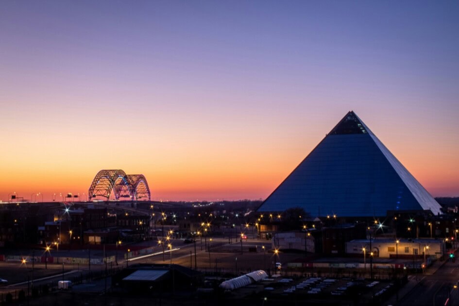 Sunset photo of Memphis Pyramid and bridge