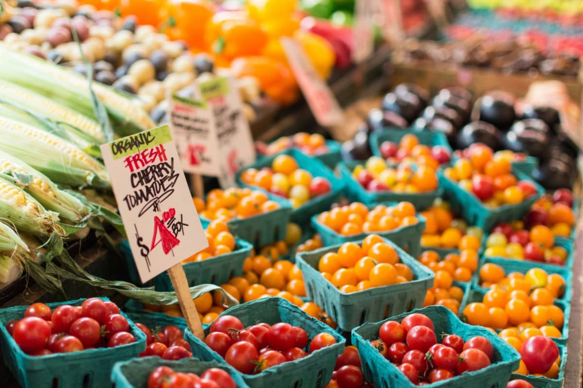 Fresh tomatoes at a farmers market 