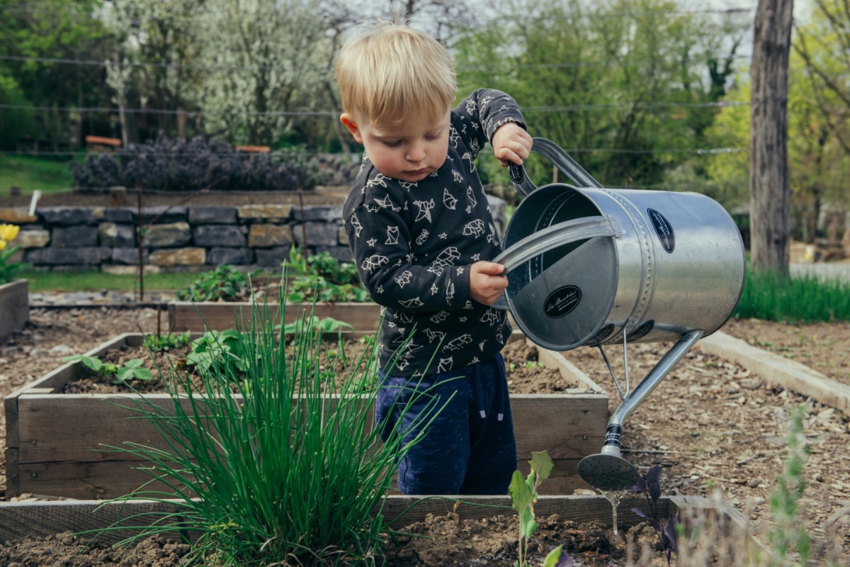 Little boy watering garden