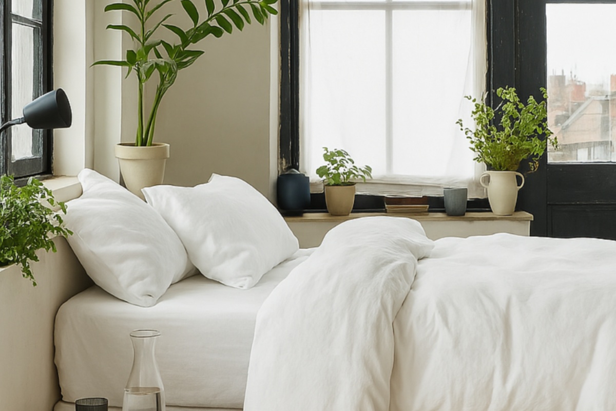 Neatly made bed with crisp cotton sheets, a plant subtly decorating the background.