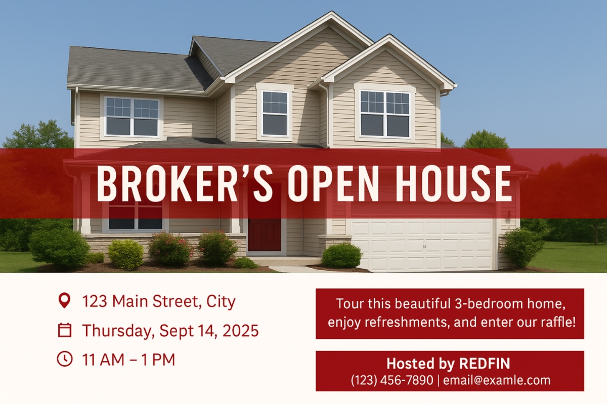 A real estate flyer answering “What is a broker open” with details for a Broker’s Open House hosted by Redfin. The flyer shows a modern two-story home and event information: 123 Main Street, City, on Thursday, Sept 14, 2025, from 11 AM to 1 PM. It invites agents to tour the 3-bedroom home, enjoy refreshments, and enter a raffle.