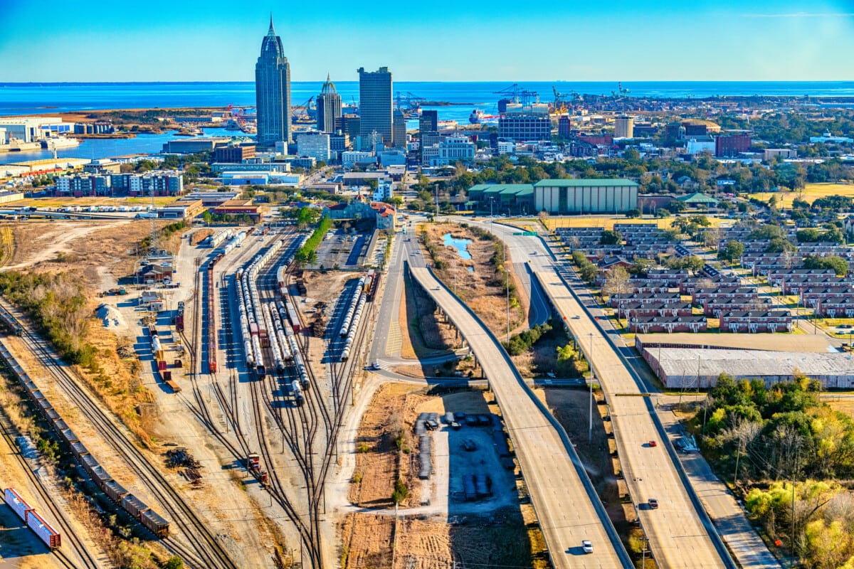 The industrial downtown area of Mobile, Alabama shot from an altitude of about 500 feet.