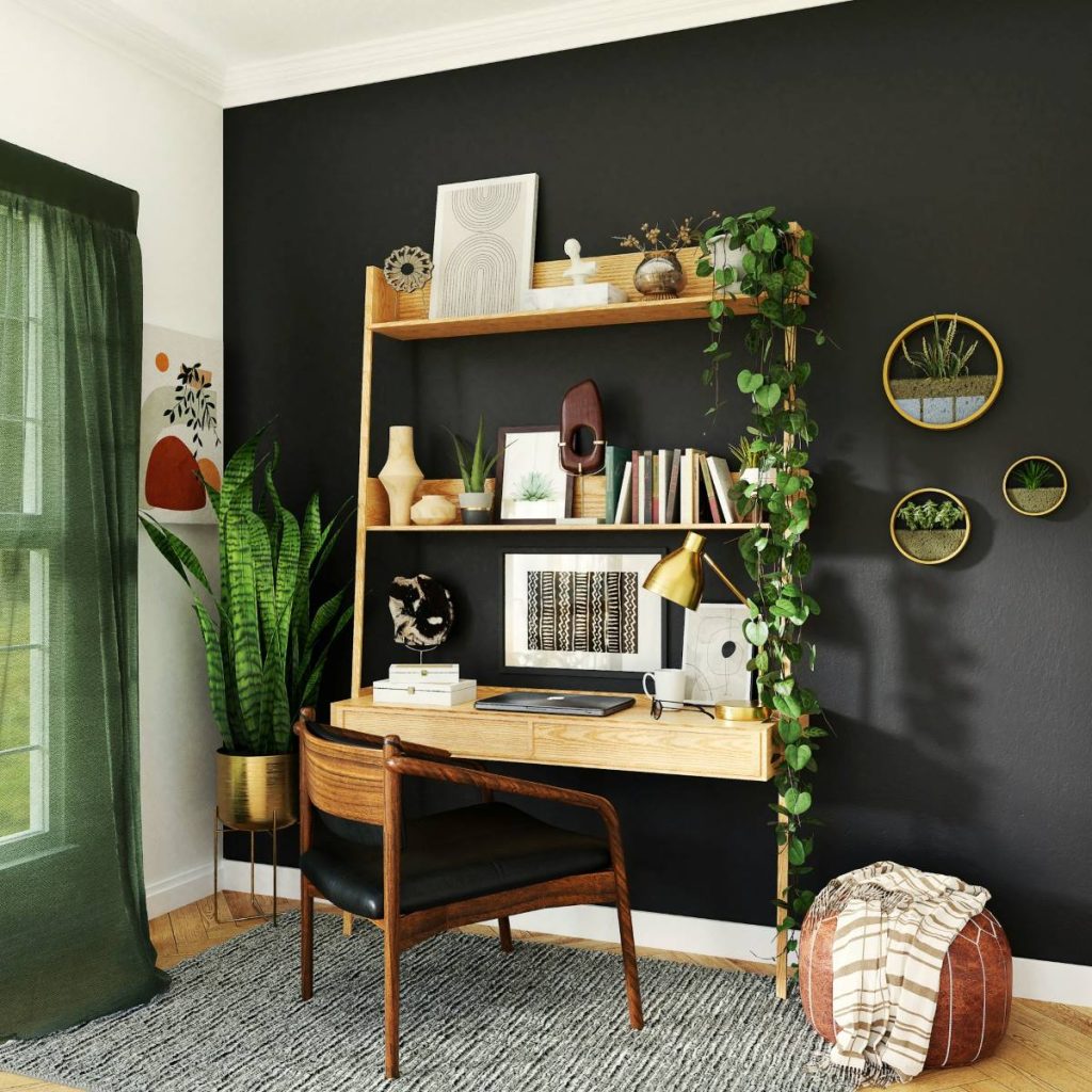 A gold desk light provides task lighting and style to this home office