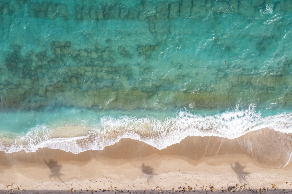 Aerial view of Aqua marine ocean with waves breaking on white sand beach with palm tree shadows, Florida.