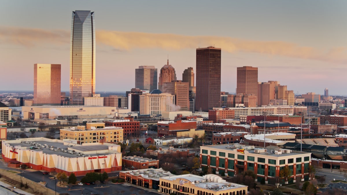 Bricktown and Central Business District at Sunrise in Oklahoma City - Aerial