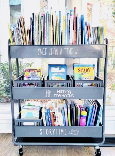 A rolling cart holding books