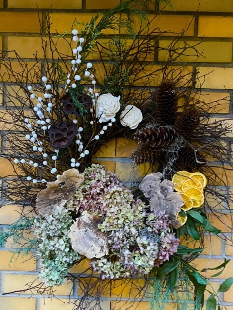 A holiday wreath made from twigs