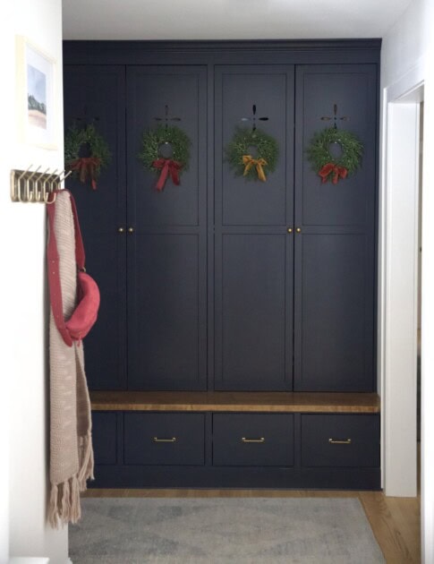 Locker room doors with small wreaths hung up