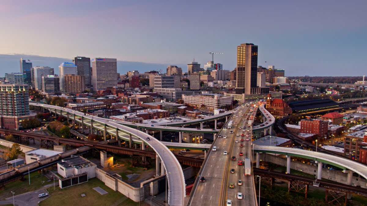 I-95 in Richmond, Virginia at Dusk - Aerial