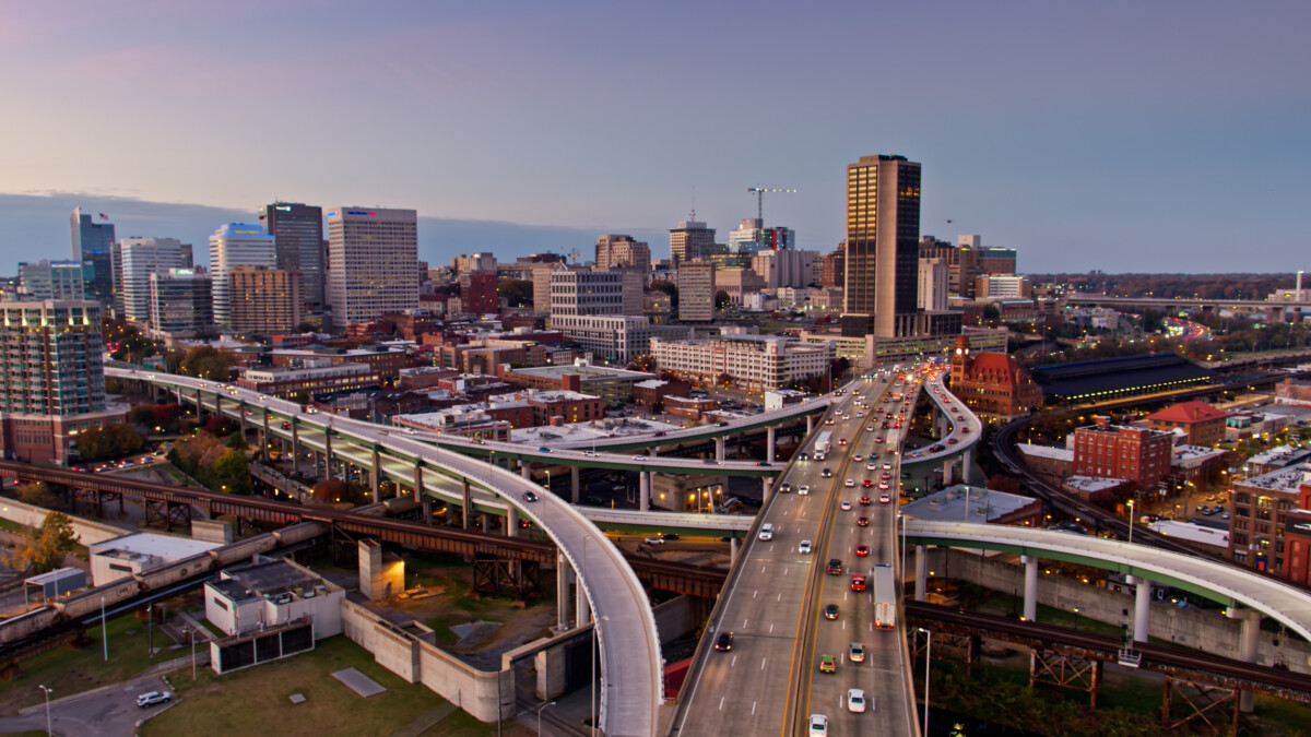 I-95 in Richmond, Virginia at Dusk - Aerial 