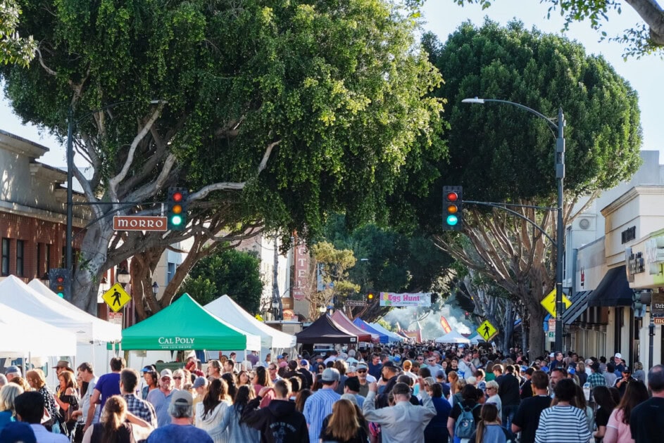 Busy street with people and tents for the San Luis Obispo Downtown Farmer's Market, one of the many stops on the San Luis Obispo bucket list