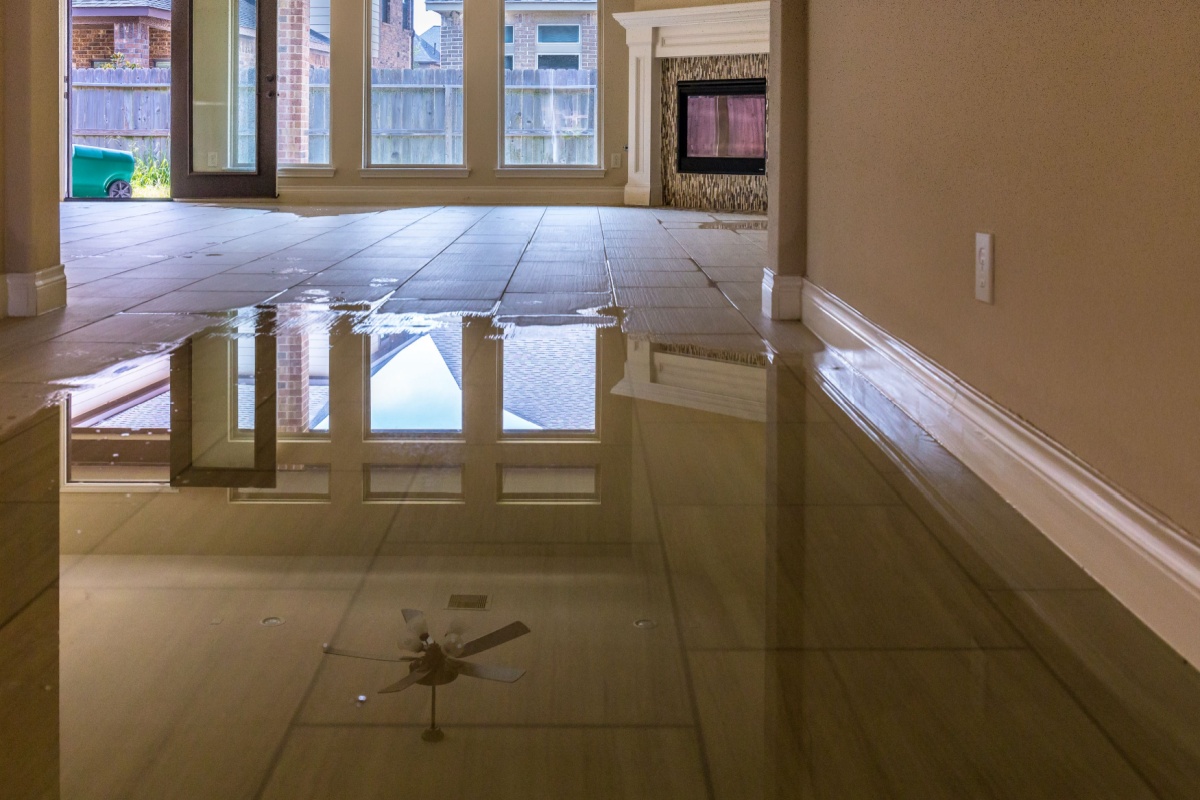 Water seeping into a living room causing significant damage